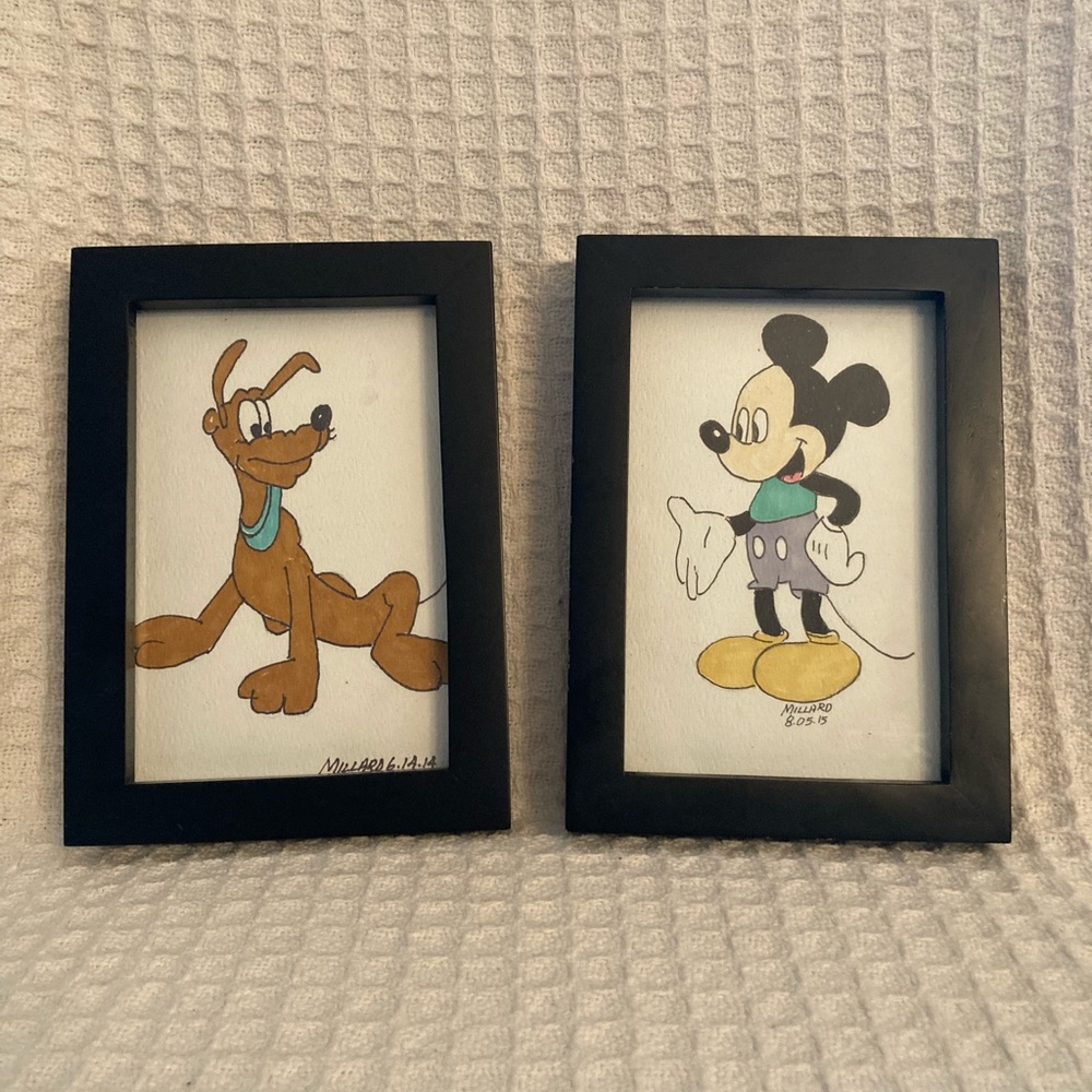Set of 2 Mickey Mouse & Pluto Framed Drawings